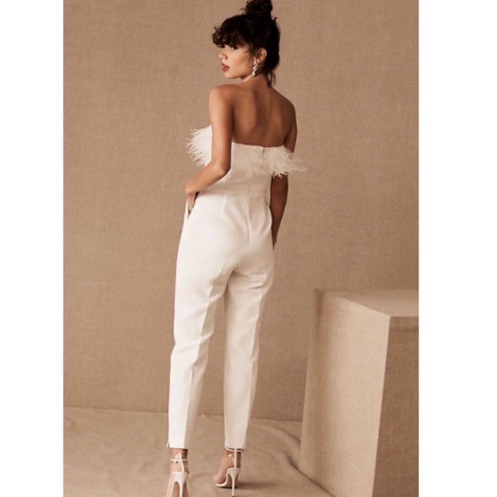 EUC Anthropologie x BHLDN Saylor Janae White Strapless Feather Jumpsuit 8
